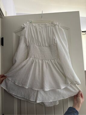 White Textured Long Sleeve Off-Shoulder Smocked Waist Romper